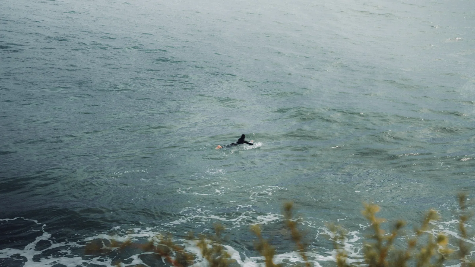Solitary surfer paddling across calm dark water viewed from a grassy clifftop in Essaouira, Morocco