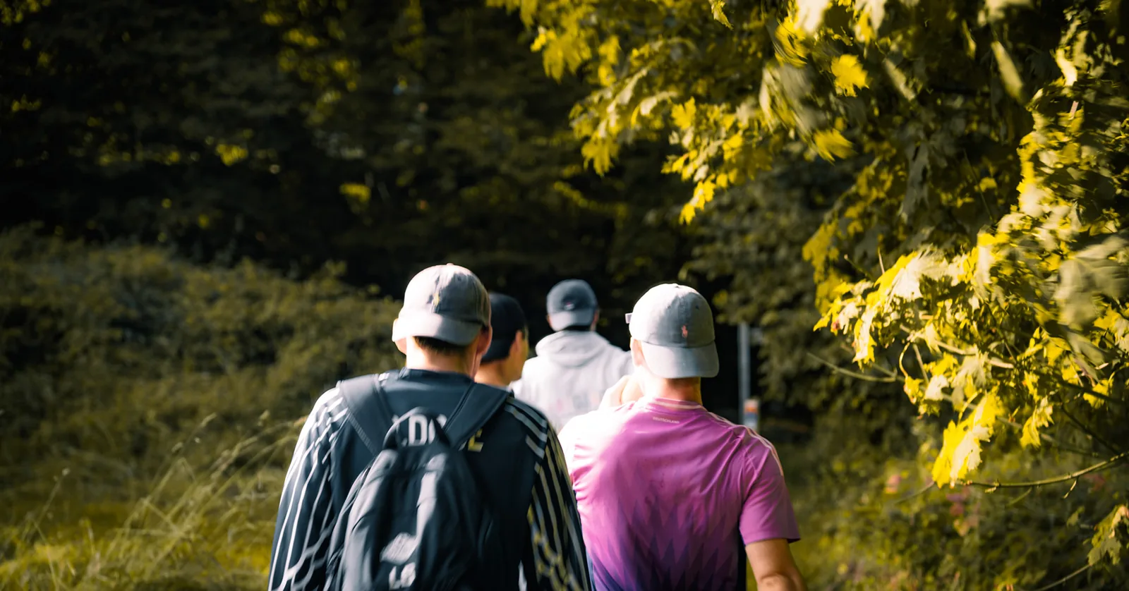 Friends walking together through a sunlit forest path in autumn in Sweden
