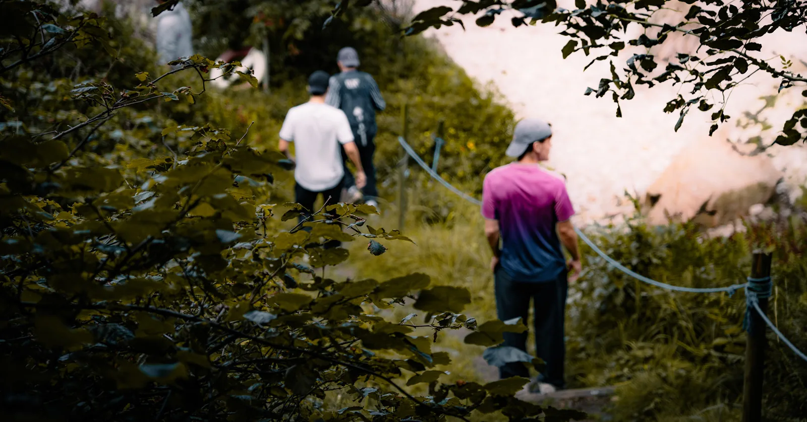 Friends walking along a roped trail through dense coastal greenery in Sweden